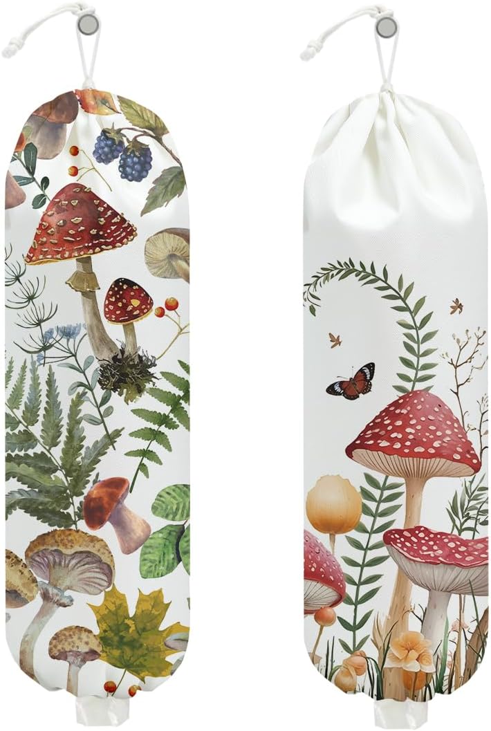 2 Pcs Mushroom Plastic Bag Holder for Kitchen Essentials, Floral Butterfly Grocery Bag Holder Plastic Storage bag, Washable Shopping Bags Storage Dispenser for Home Kitchen, Mushroom Gifts for Women