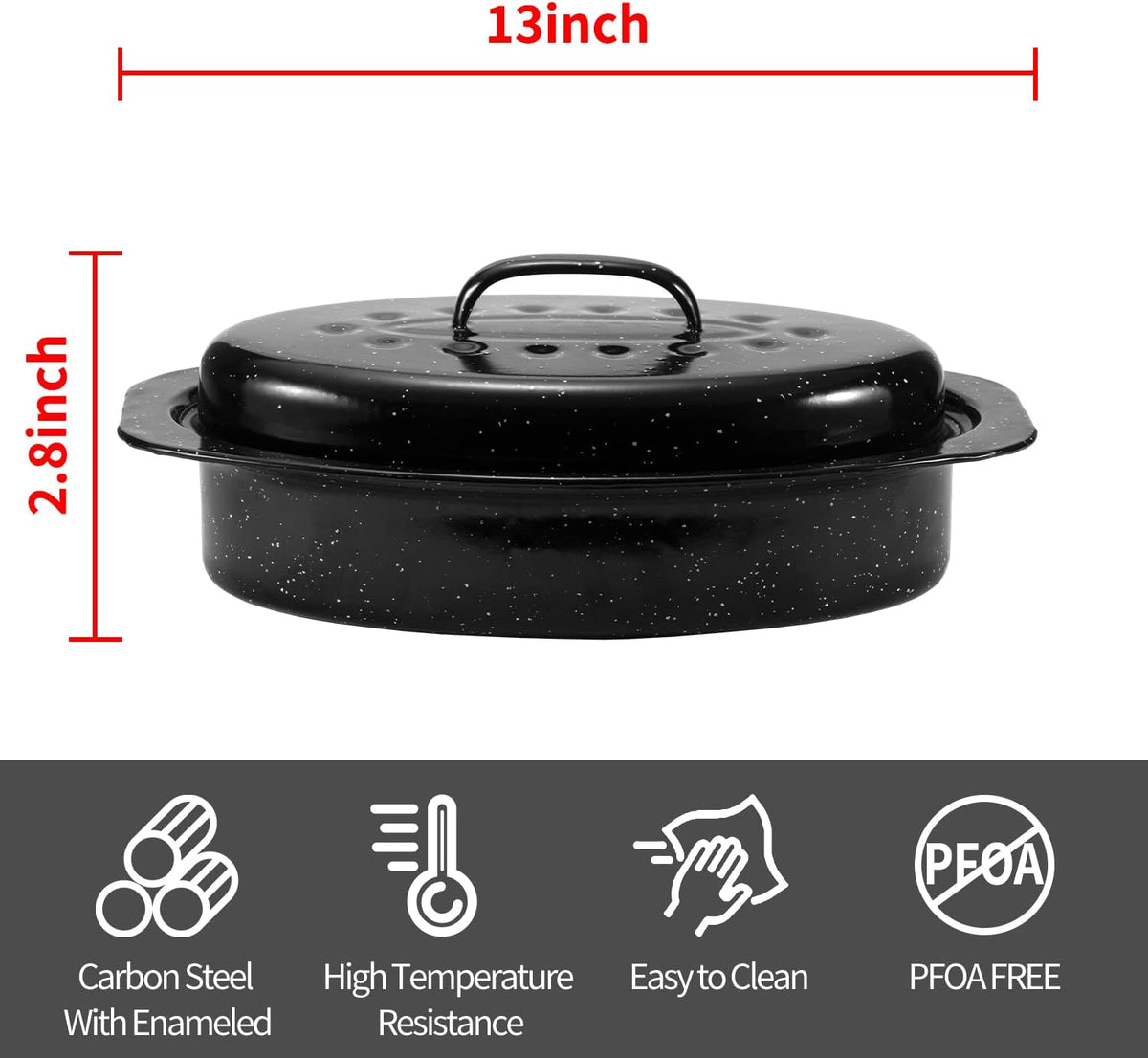 13” Enameled Oval Roasting Pan with Domed Lid - For 7lb Turkey, Chicken, Lamb, Vegetables