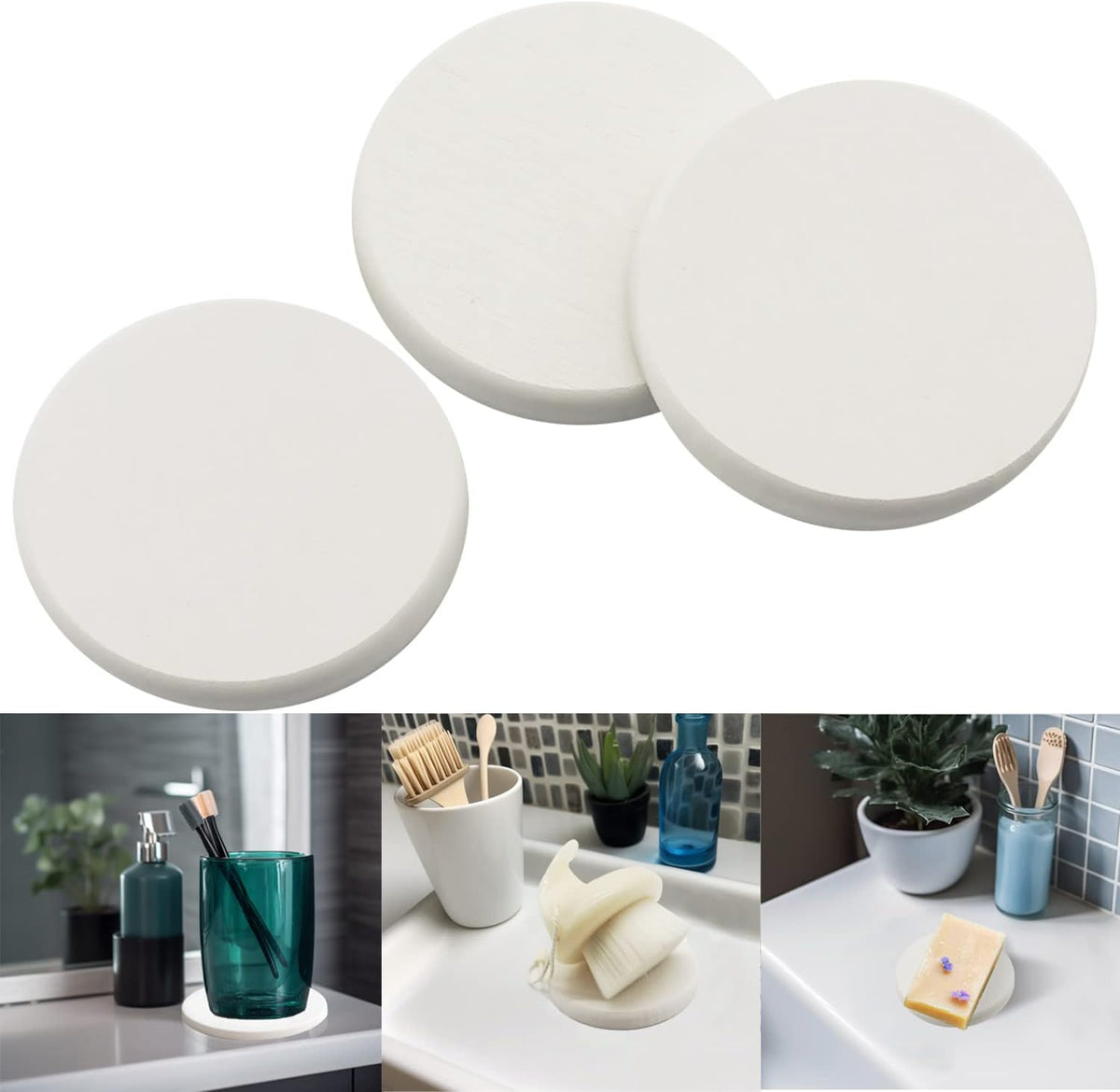 Mucco Water Absorbing Stone Tray for Sink, Water Absorbent Diatomite Coasters, Premium Diatomaceous Earth Soap Holder Dish，Fast Drying Stone Sink Tray for Hand soap & Cups & Drinks Bottles (3 White)