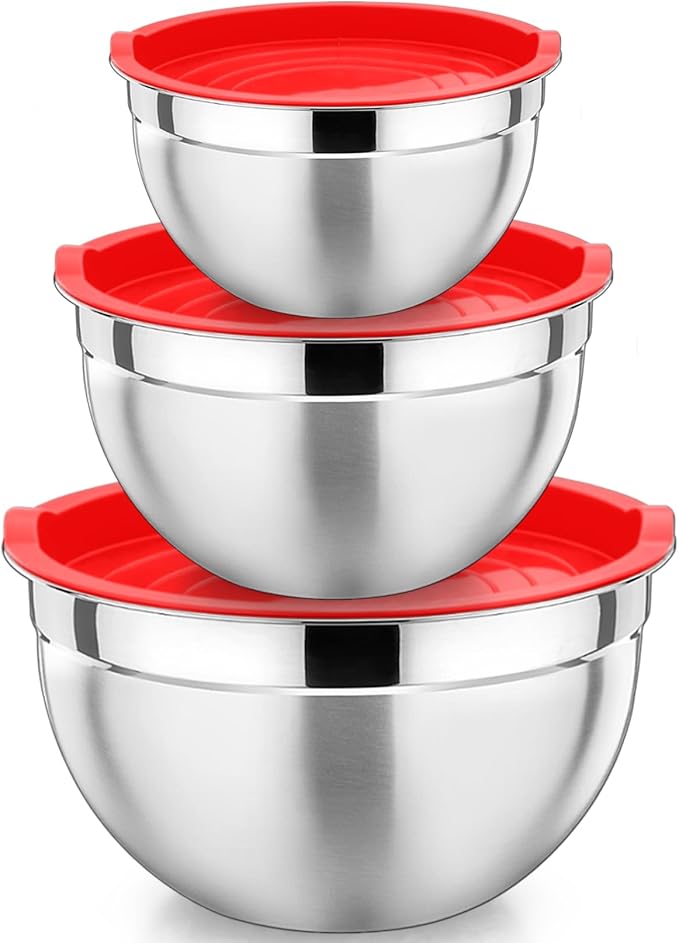 P&P CHEF Red Mixing Bowls with Lids, Set of 3, Stainless Steel Salad Nesting Bowl for Mixing, Storing, Prepping, Airtight & Stackable, Size 4.6/3 /1.5 QT