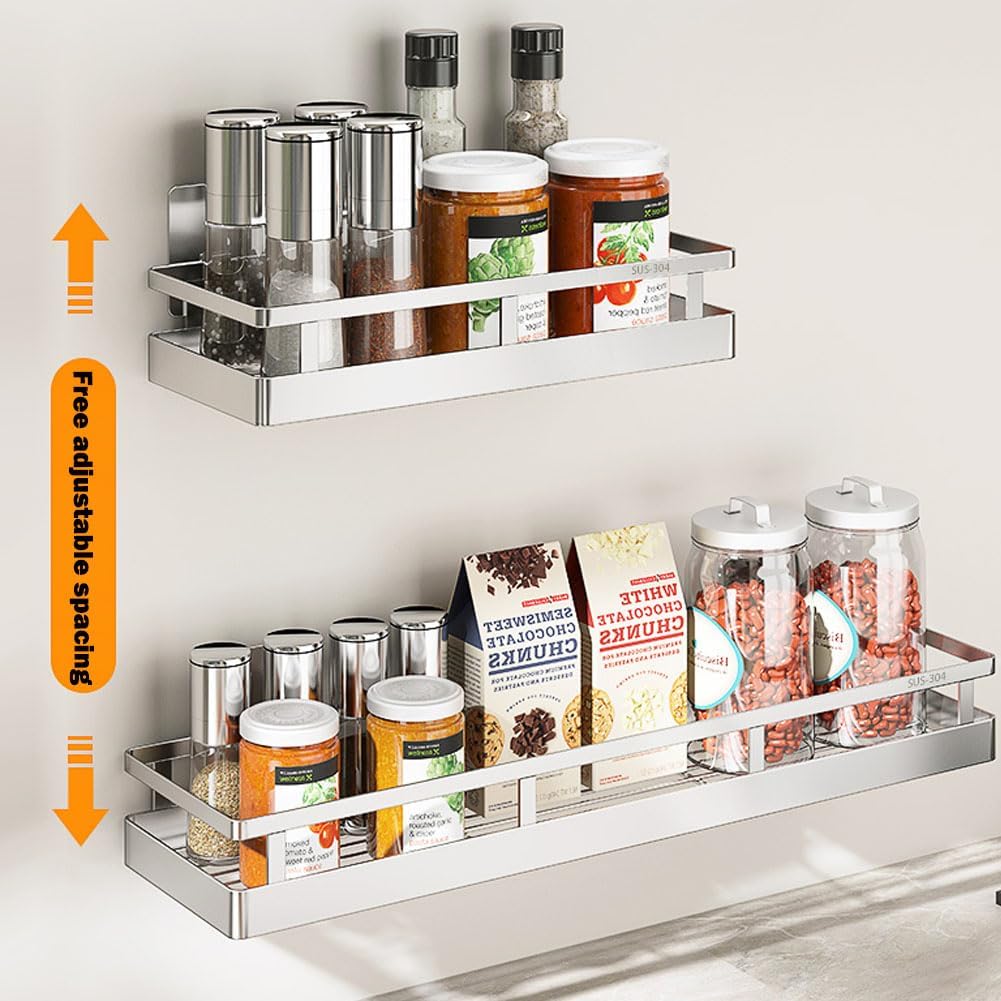 2PCS Kitchen Spice Rack, SUS304 Stainless steel Wall Mount Storage Rack, Seasoning Container, 11.8Inch Spice Organizer, Kitchen Seasoning Hanging Rack, Bathroom Shelf for Storing Toiletries