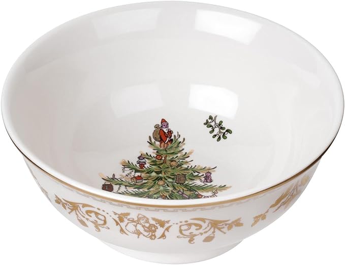 Spode Christmas Tree Gold Collection Rice Bowl, Measured at 6", Use for Soup, Frozen Meals, Stews, and Sticky Rice Dinners, Made of Earthenware, Dishwasher and Microwave Safe