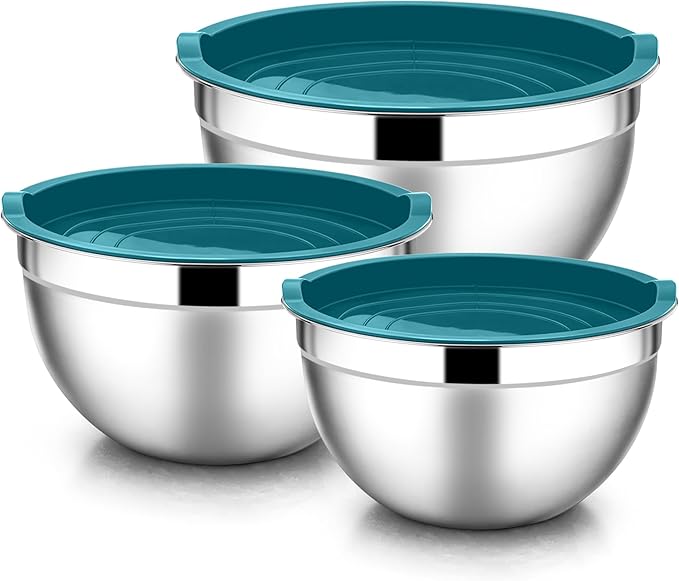 E-far Mixing Bowls with Lids, 6-Piece Stainless Steel Salad Bowls Metal Nesting Bowls for Baking Cooking and Prepping, Airtight Lids & Stackable Design, Size 4.5, 3, 1.5 QT (Blue)