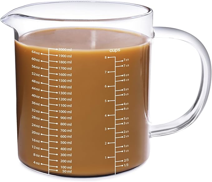 77L Glass Measuring Cup, [Insulated handle, V-Shaped Spout], High Borosilicate Glass Measuring Cup for Kitchen or Restaurant, Easy To Read, 2000 ML (2 Liter, 8 Cup)