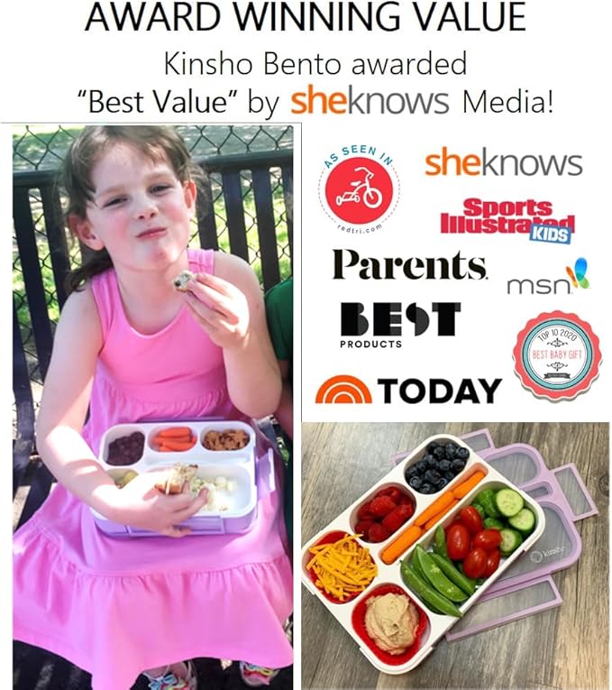 kinsho Glitter Lunch Box Bento-Boxes for Girls, Meal and Snack Containers for Toddler Daycare, School, Travel, 6 Divided Sections, Cute Bentobox, Leak-Resistant, Utensils, Purple Lilac Sparkle