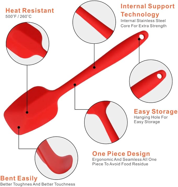 Silicone Spatulas Set, Rubber Spoon Spatula Heat Resistant Spoonula One Piece Design Seamless Spatula Non-Stick Scrapers Baking Mixing Tool (Red Set)
