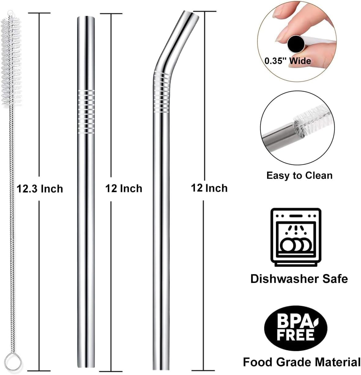 12" Stainless Steel Straws Replacement for Stanley Adventure Quencher 40 oz 30 oz Cup Tumbler, 4 Pack Metal Straws Reusable with Cleaning Brush for Stanley 40 oz & Simple Modern Tumbler with Handle