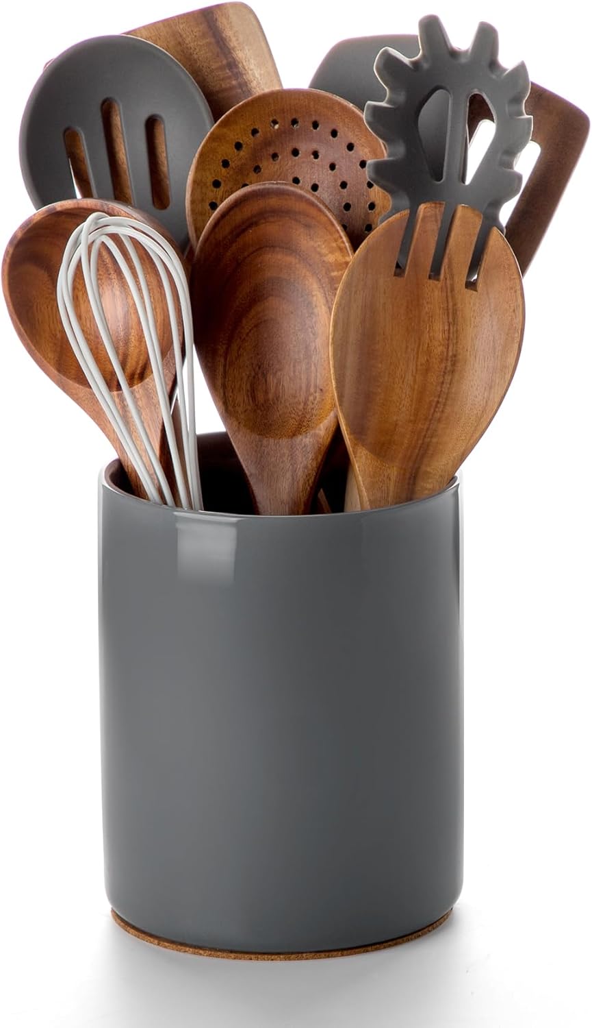 Nucookery Utensil Holder, 6.4" Ceramic Kitchen Utensil Holder for Countertop with Protection Cork Bottom, Vintage Farmhouse Kitchen Decor for Counter (Gray)