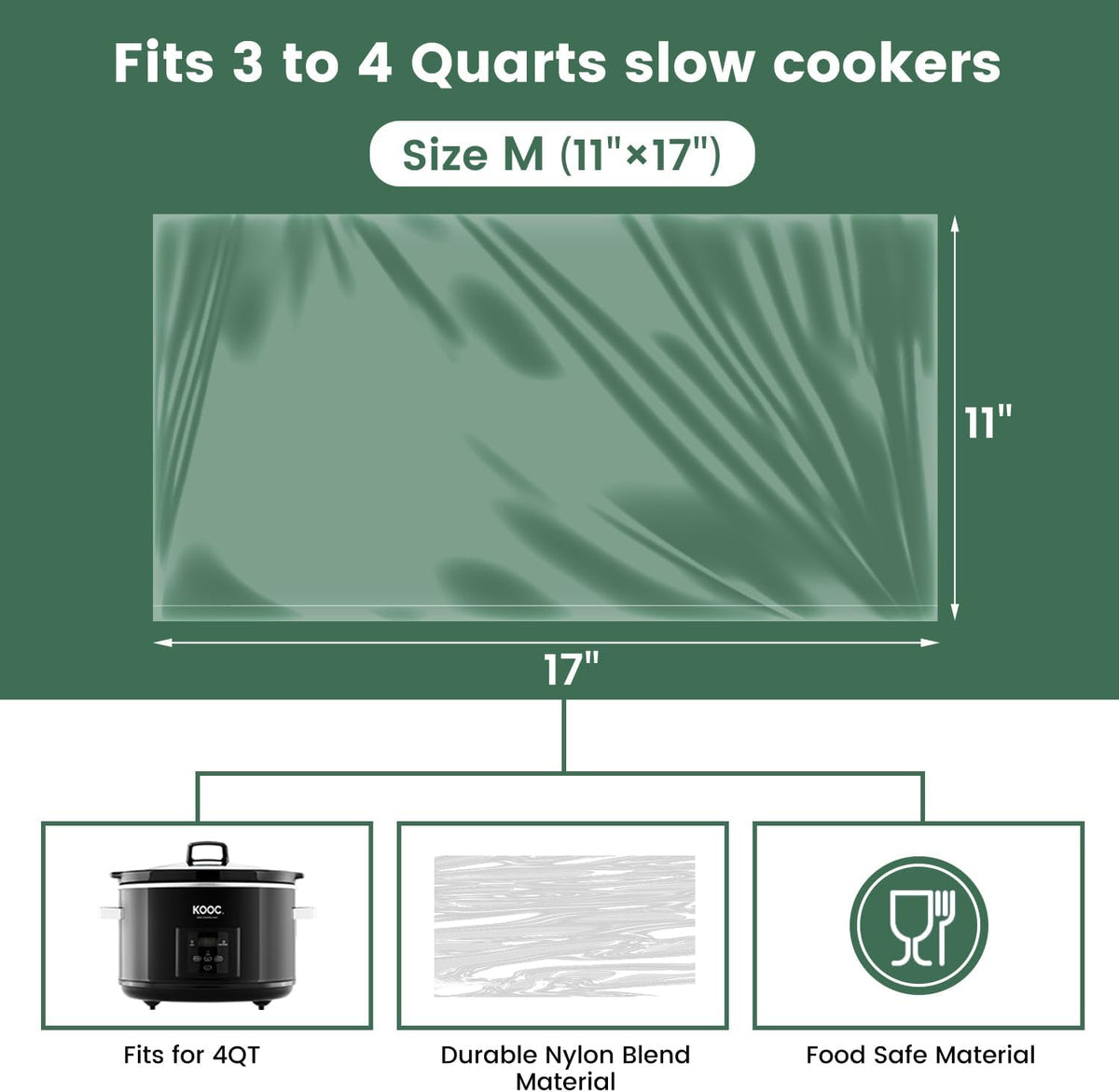 KOOC Slow Cooker Liners 11"x17" 30 count Middle Size Disposable Pot Liners Cooking Bags Fit 3 qt to 4 qt Pot BPA Free Fresh Locking Seal Design