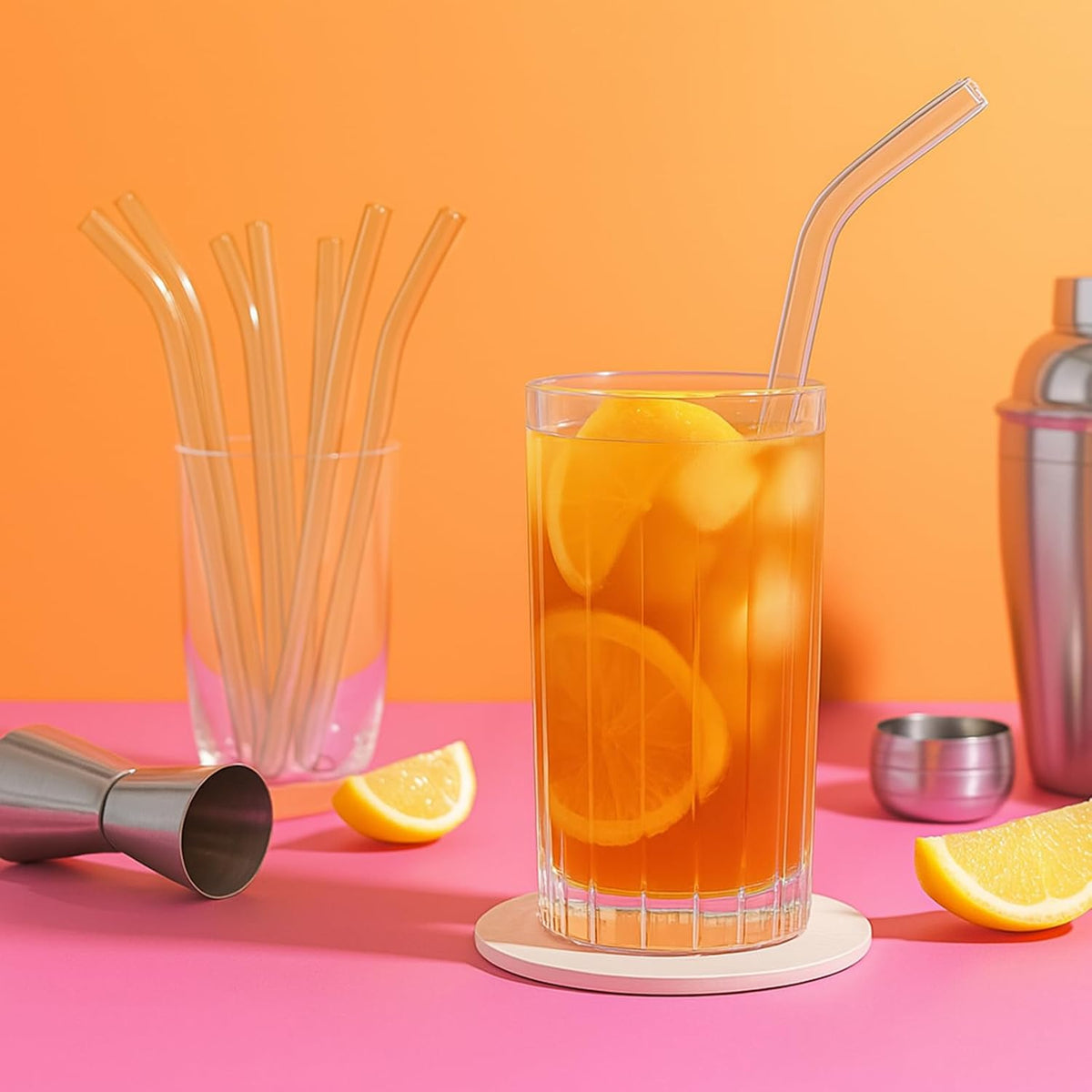 12 Pcs Reusable Glass Straws 8"x 8 mm Bent Glass Drinking Straws with Cleaning Brush for Tea, Smoothies, Milkshakes, Juices,Beverages(Clear)