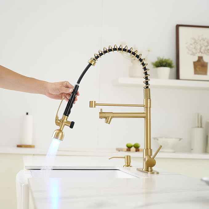 Fapully Commercial Kitchen Faucets with Pull Down Sprayer Brushed Gold LED Single Handle Faucet for Kitchen Sink, Kitchen Faucet with Soap Dispenser and Deck Plack for 4 Hole