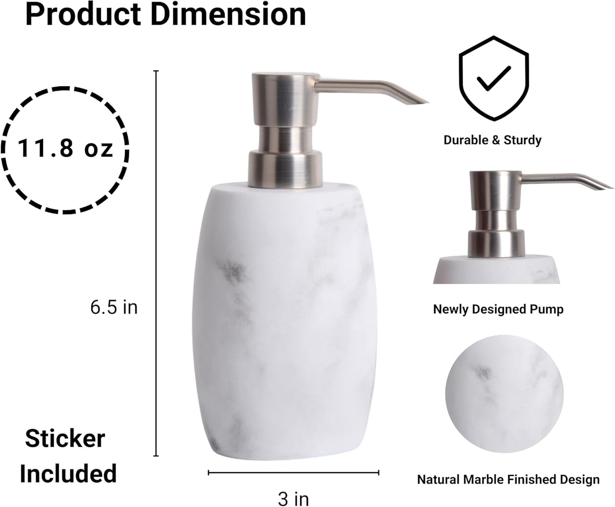 Resin Soap Dispenser Set 2, Refillable Hand Soap Dispenser with White Marble Look and Metallic Pump, Kitchen, Bathroom, Waterproof Labels (12 Oz)
