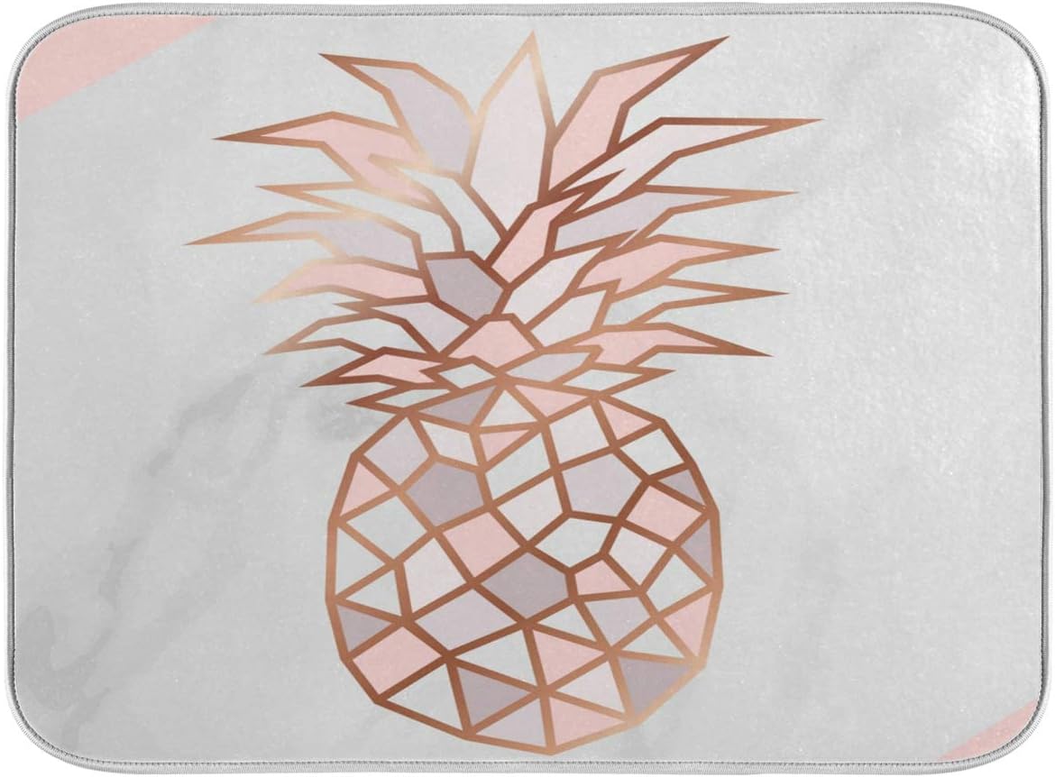 Super Absorbent Dish Drying Mat, Microfiber Fast-Drying Dish Mat, 24" x 18", Kitchen Dish Drying Pad, Rose Gold Pineapple On Pink And White Marble
