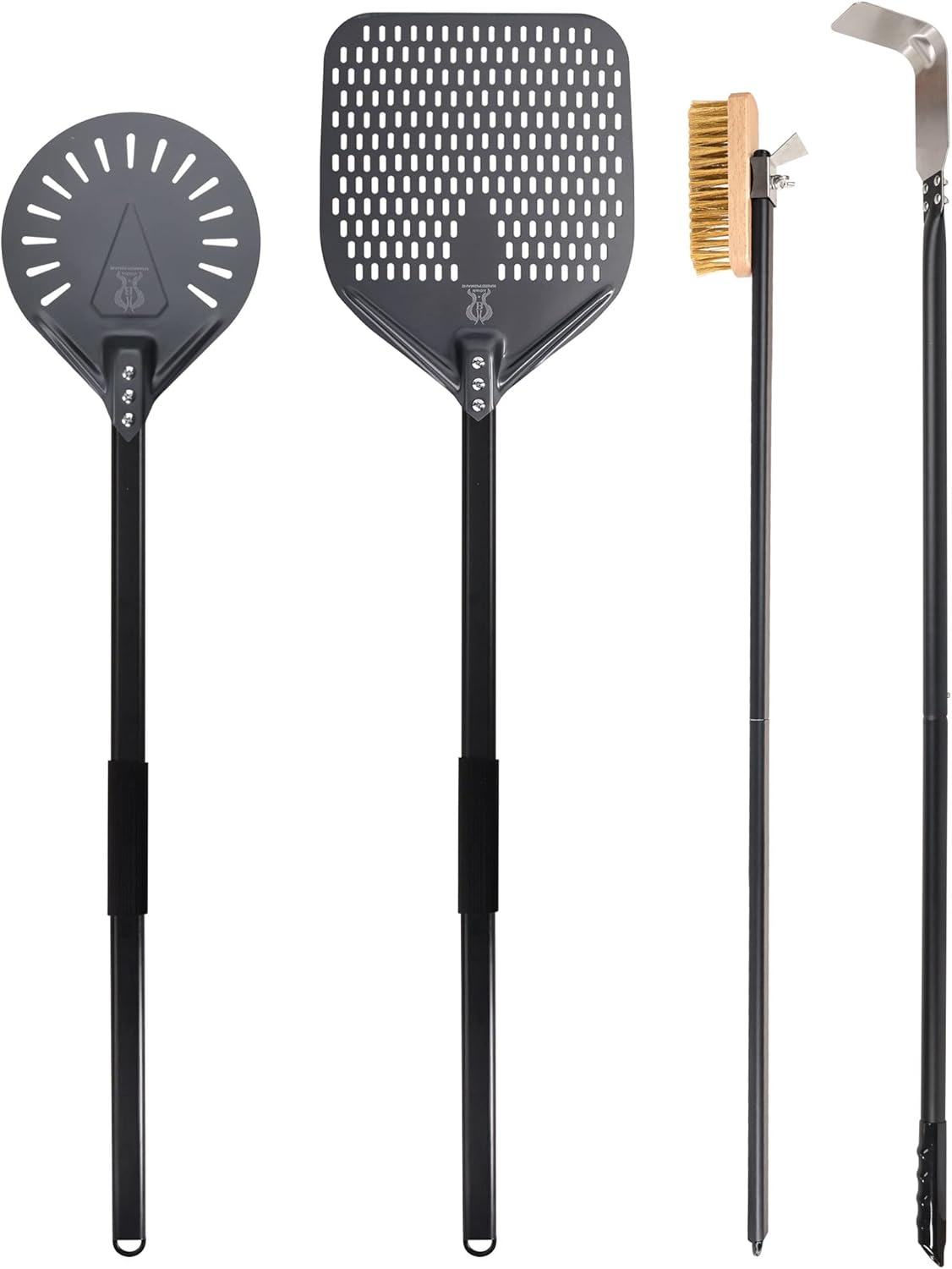 Pizza Turning Peel 9 Inch Perforated Pizza Peel and Pizza Brush Ash Rake 4 Piece Wood Fired Commercial Pizza Oven Utensil Kit with 40-Inch Aluminum Handle
