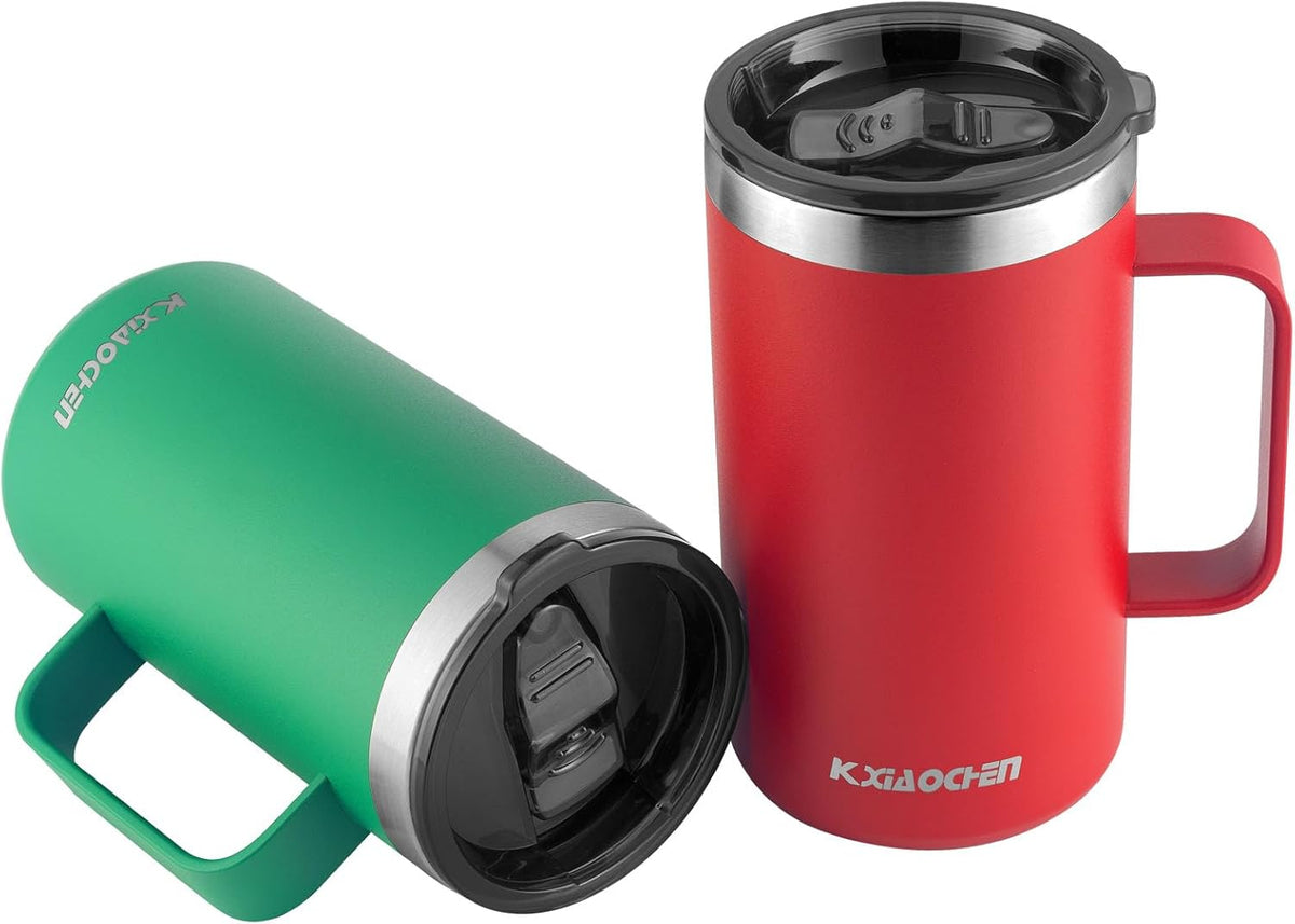 KXIAOCHEN 20oz Insulated Coffee Mug with Lid, Stainless Steel Coffee Cup, Double Wall Vacuum Coffee Tumbler with Handle, Premium Thermal Travel Coffee Mug (Red Emerald 2Pack)