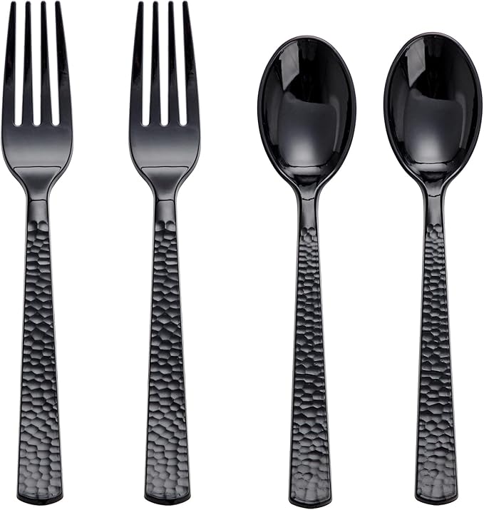 KIRE 400PCS Black Plastic Spoons and Forks Disposable - Black Plastic Silverware Set Disposable Cutlery - 200 Forks, 200 Spoons for New Year/Wedding