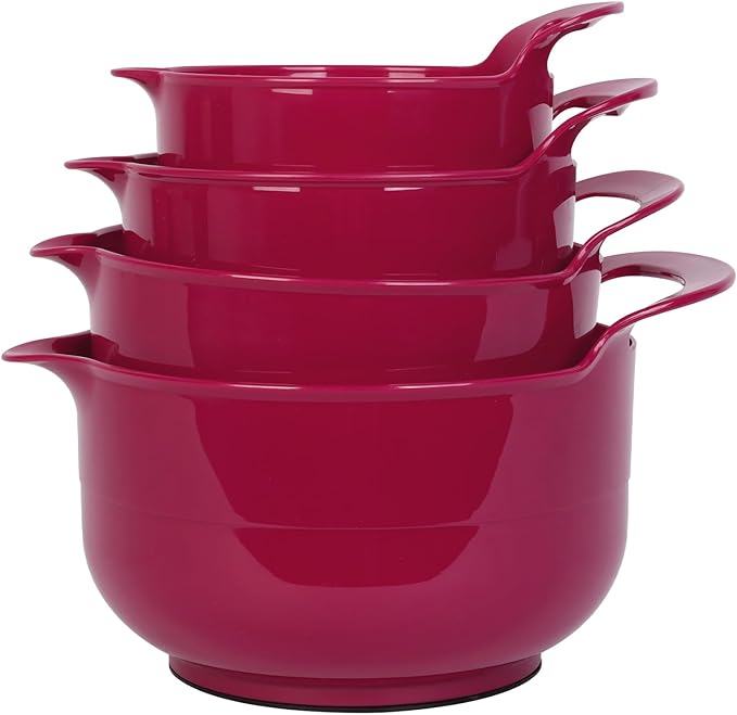 BoxedHome 4 Pack Nesting Mixing Bowl Set with Pour Spout and Handle, Non-Slip Bottom, BPA free Microwave & Dishwasher Safe(Deep Carmine)