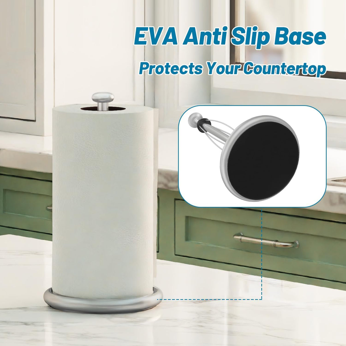 VEHHE Simply Tear Paper Towel Holder Countertop with EVA Non-Slip Pad, Damping Function Paper Towel Stand with Weighted Base for Bathroom and Kitchen (Silver)