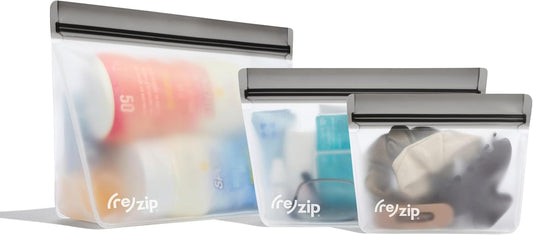 (re) zip 3-Piece Stand-Up Reusable Bag Kit | BPA-Free, Food Grade, Leakproof, Travel Friendly, Freezer and Dishwasher Safe | Quart (1), 2-Cup (1), Snack Size (1) | Gray