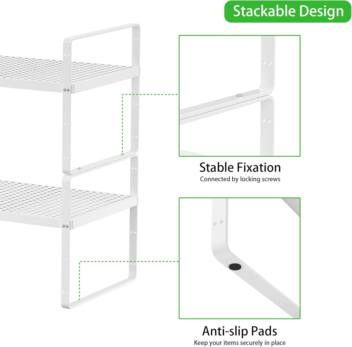 Expandable Cabinet Storage Shelf Stackable Organizer Rack for Kitchen Bathroom Pantry Spice Cupboard Coffee Countertop Home Office Desk Heavy Duty Nonslip White Small 3 Packs