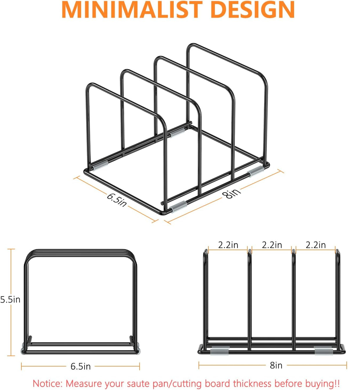 Kitchen Cabinet Organizer - Steel Cookware Rack, Divided Holder with 3 Slots for Skillets, Baking Tray and Chopping Board - Pan Storage (2.2 Inch Width Slots)