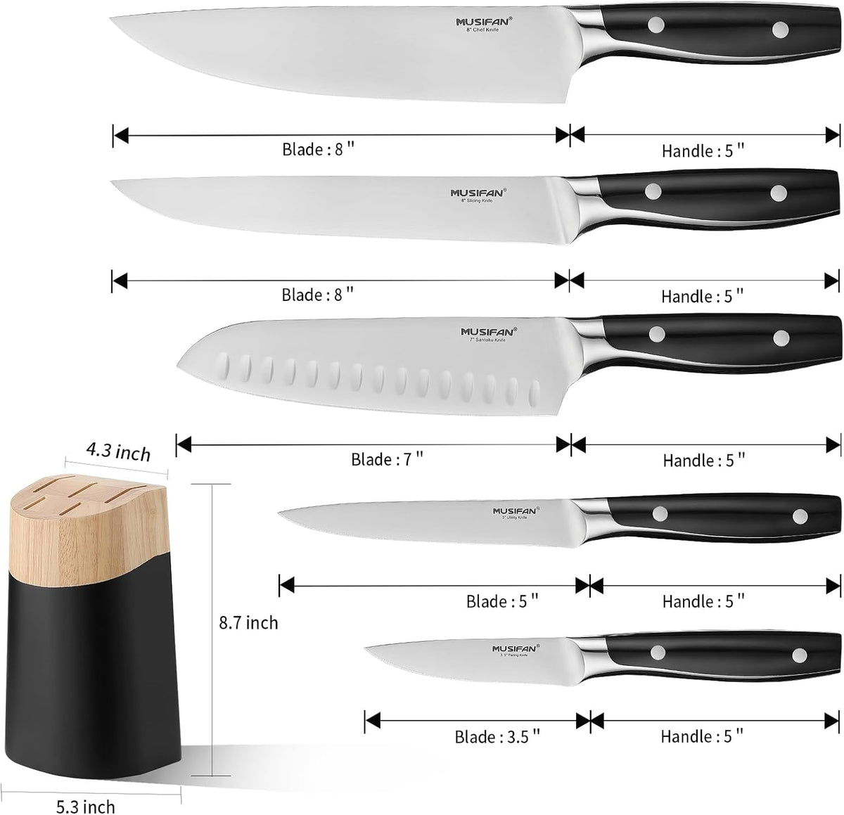 6-Piece Knife Block Sets，Stainless Steel Kitchen Knife Set with Block – High Carbon Black Knives, Dishwasher Safe，Holiday Gift