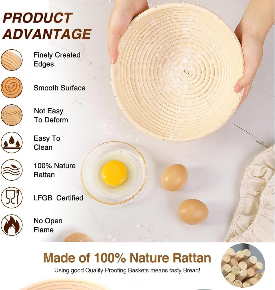 Premium Bread Proofing Basket Set – 9" Round & 10" Oval Sourdough Baskets with Dough Whisk, Bread Lame, Scraper & Silicone Brush – Rattan Bread Baking Kit for Perfect Fermentation & Artisan Loaves
