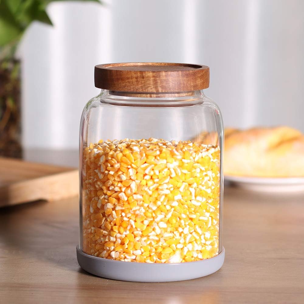 Glass Storage Jars with Airtight Lids, Set of 2 42 FL OZ (1250ml) coffee container with Wooden Lid, Glass Pantry Canister for Beans, Rice, Sugar and etc (6.3 inch high)