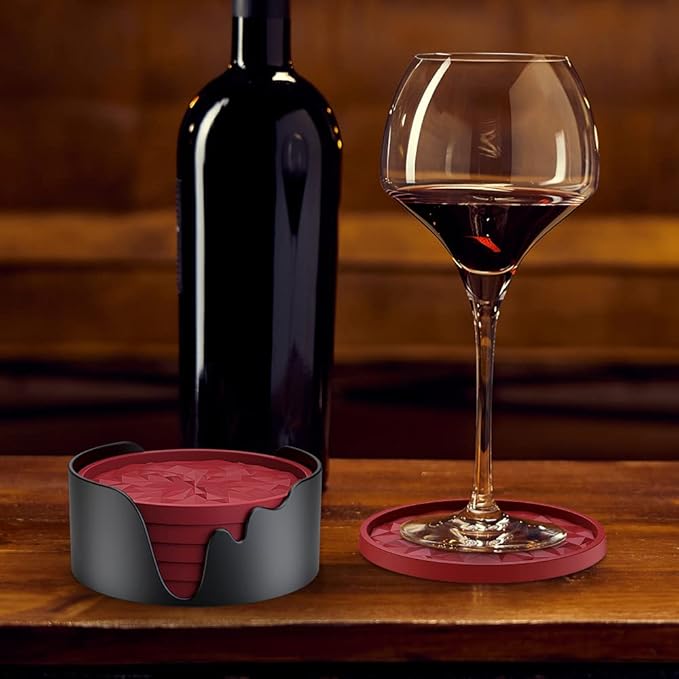 ME.FAN Silicone Coasters with Holder,[6 Pack] Drinking Coasters - Cup Mat for Hot or Cold Drinks, Thickened, Non-Slip, Non-stick,Deep Tray Red