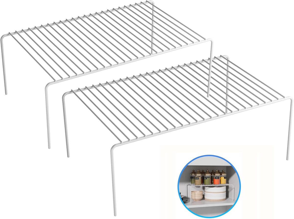 Large(15.7 x 9.4 inch)White Cabinet Storage Shelf Rack Set of 2, Rustproof Metal Wire Kitchen Counter Organizers and Storage, Spice Organization for Cabinet, Plate, Dish, Pantry, Bathroom, Fridge