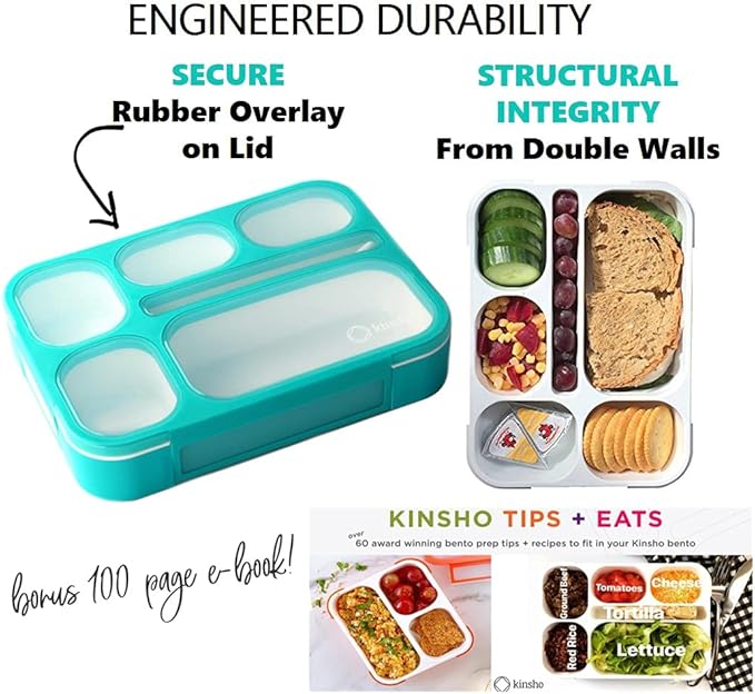 kinsho Bento Box Lunch-Box Containers for Kids, Adults | 6 Compartment Lunch-Boxes | Leakproof School Bentobox, Snack or Meal Portion Container | BPA-Free, Teal