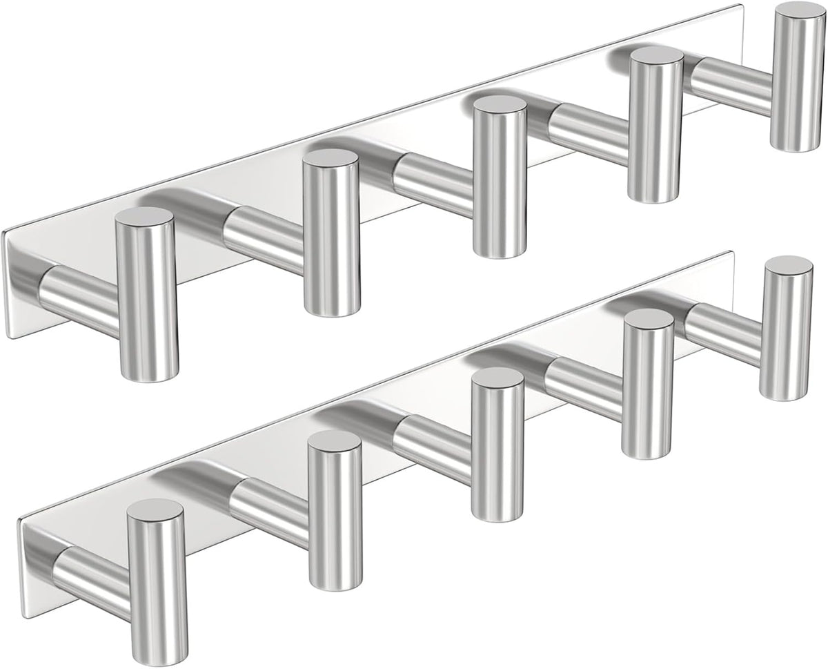 PMMASTO Coat Rack Wall Mounted, 5 "T Shaped Wall Hooks for Hanging, Heavy Duty Stainless Steel Coat Hook Rail for Hat Towel Robes in Bathroom Kitchen Mudroom Entryway (Silver, 2 Pack)