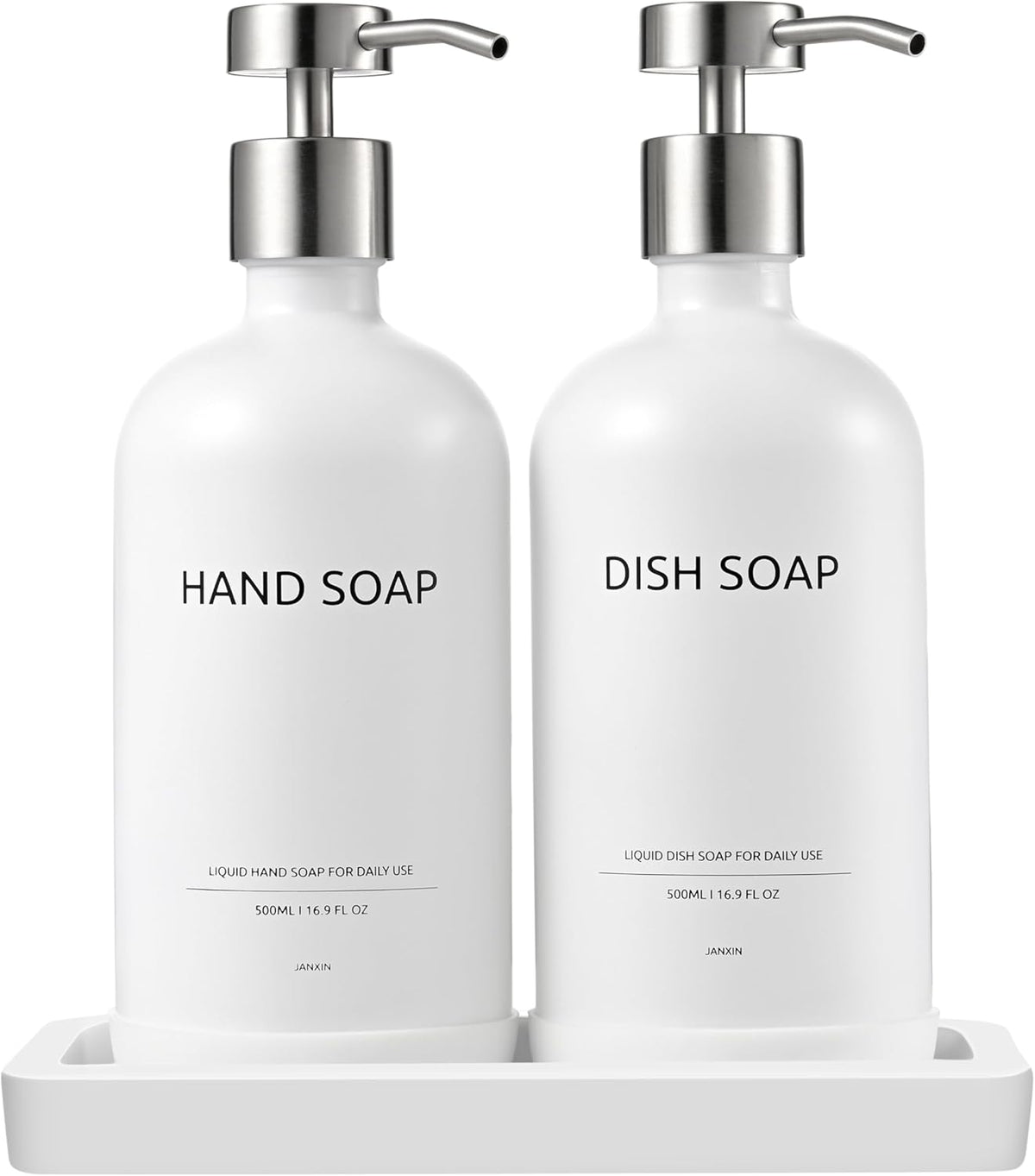 Glass Kitchen Soap Dispenser Set with Ceramic Tray,16.9 floz Hand and Dish Soap Dispenser for Kitchen and Bathroom Decor,White and Silver Kitchen Accessories(White Bottles + Silver Pumps)
