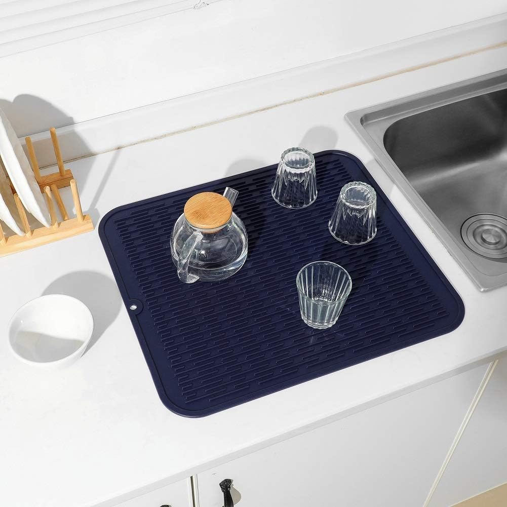 Silicone Dish Drying Mat for Multiple Usage,Easy clean,Eco-friendly,Heat-resistant Silicone Mat for Kitchen Counter or Sink,Refrigerator or Drawer Liner Navy Blue XL 18 inches x 16 inches