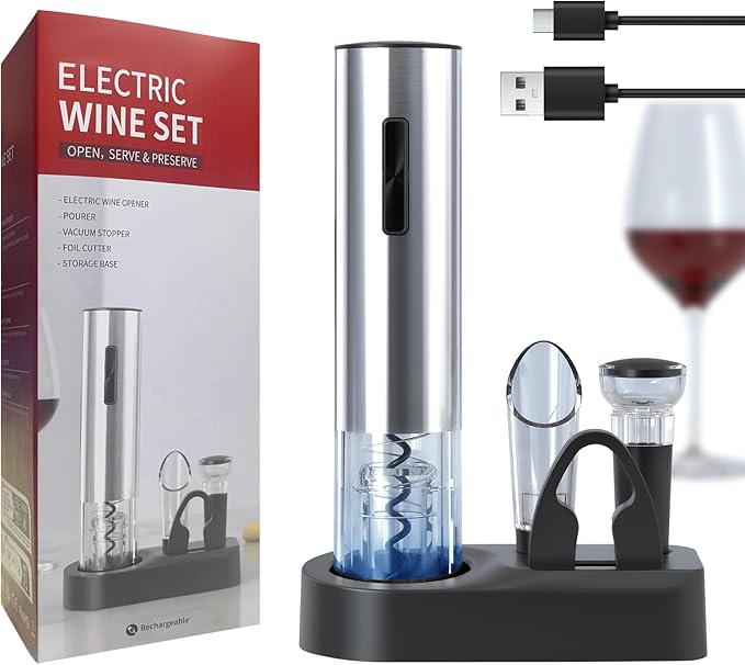 Electric Wine Opener, 6-in-1 Rechargeable Wine Bottle Opener set includes Automatic Corkscrew Wine Opener, Foil Cutter, Vacuum Wine Stopper, etc. Ideal gift for Wine Lovers (Silver)