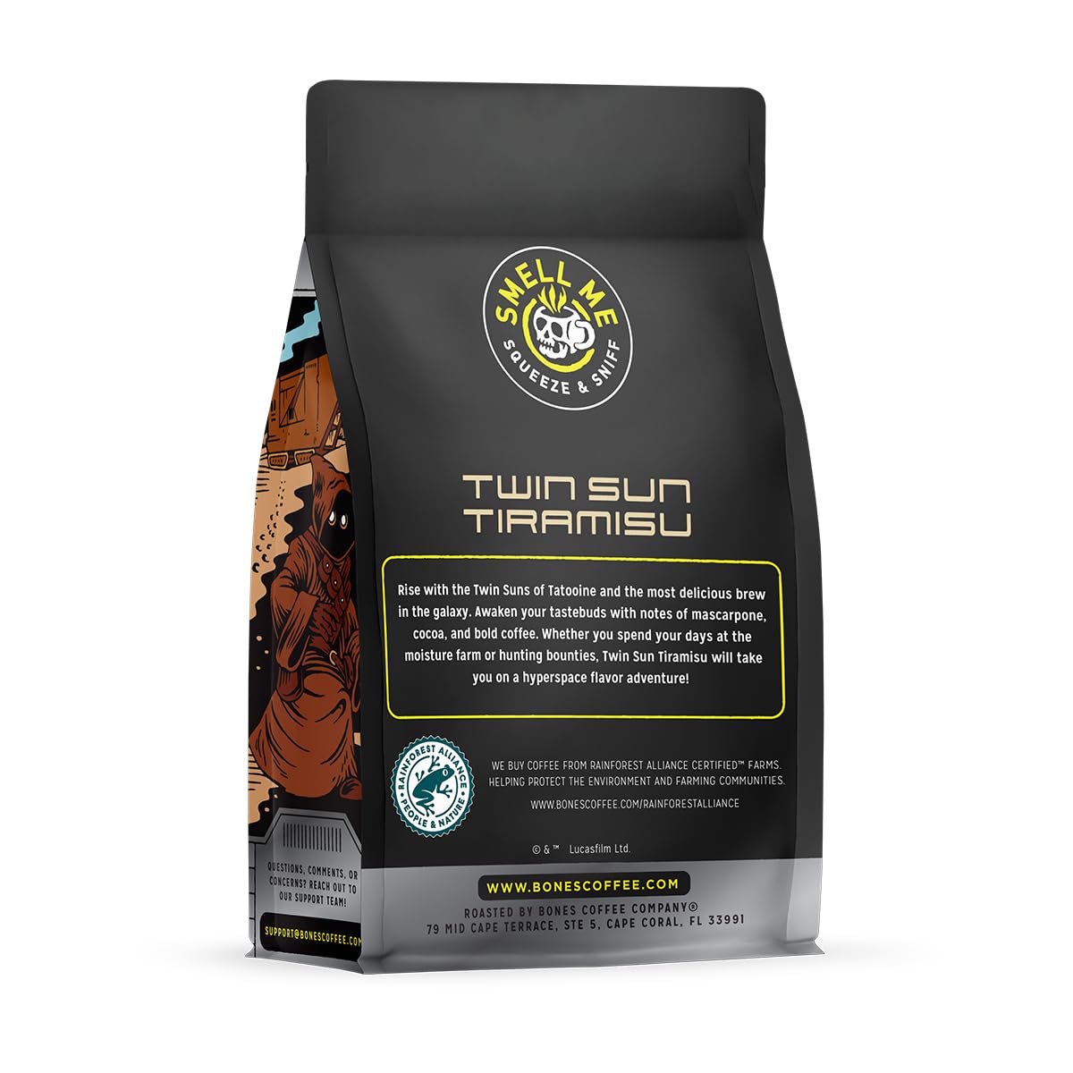 Bones Coffee Company Star Wars Twin Sun Tiramisu Flavored Coffee, Medium Roast Low Acid Arabica Beans Compatible with Auto drip and French Press Coffee Maker, 12 Oz Ground