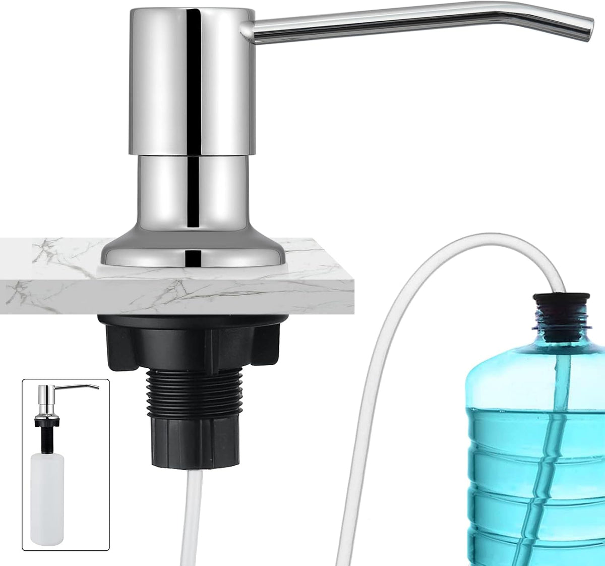 CREA Chrome Built-in Soap Dispenser for Kitchen Sink,Stainless Steel Kitchen Dish Soap Dispenser Pump,in Counter Soap Dispensers Under Sink Mouted Set 39" Tube 17oz Large Bottle