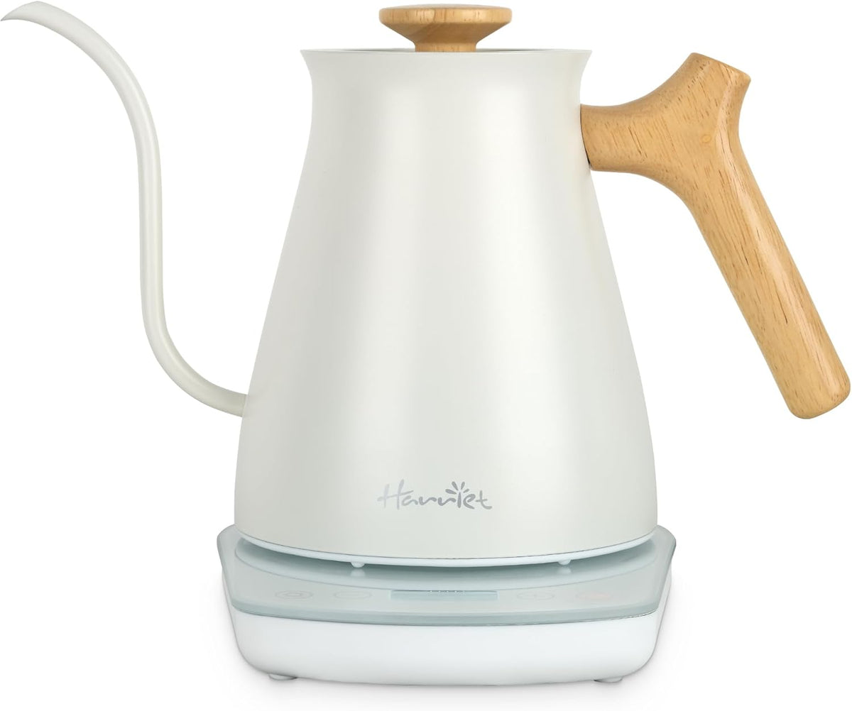 Harriet Gooseneck Electric Kettle - 1200W Fast Heat, 0.8L Stainless Steel, Precision Temp Control & Timer, Wood Handle, Pour Over Coffee and Tea, White