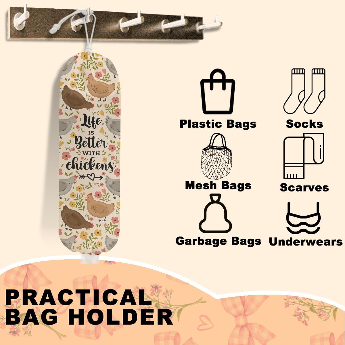 Rustic Chicken Plastic Bag Holder, Vintage Chickens Grocery Bag Holder for Plastic Bags, Pull Rope Free Adjustment, Floral Grocery Bags Storage Dispenser for Home Kitchen, Chicken Gifts for Women