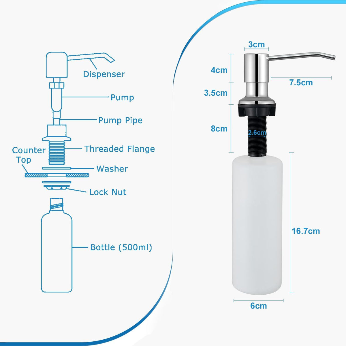 CREA Chrome Built-in Soap Dispenser for Kitchen Sink,Stainless Steel Kitchen Dish Soap Dispenser Pump,in Counter Soap Dispensers Under Sink Mouted Set 39" Tube 17oz Large Bottle