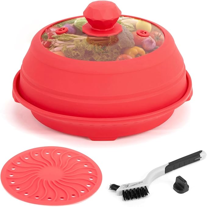 Microwave Splatter Silicone Cover Collapsible, Vented Multifunction Splash Lid with Glass Dish Bowl Plate for Food Cooking Bacon Maker, Dishwasher Safe BPA-Free 9 inch Cookware Set Red
