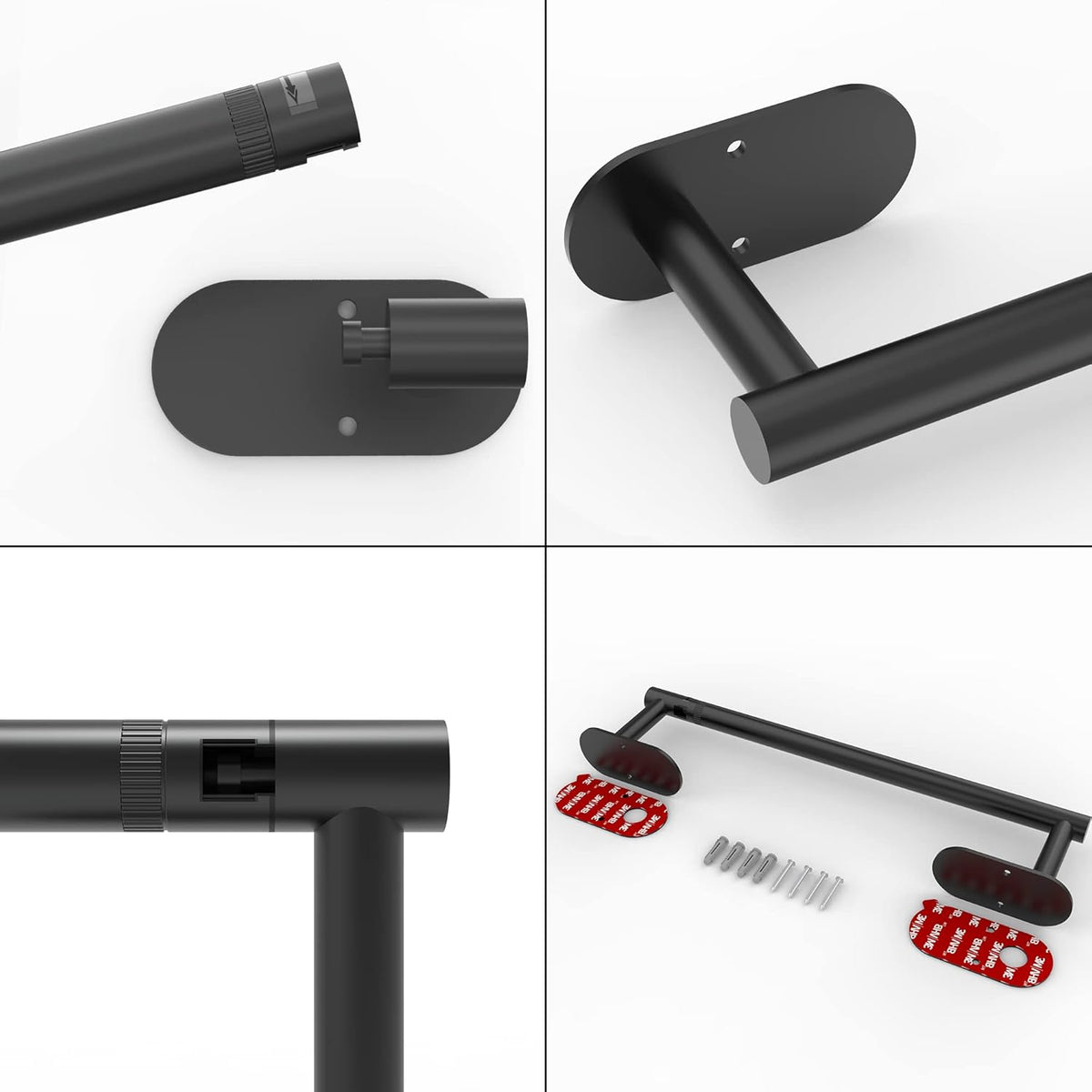 Ruacq Matte Black Paper Towel Holder Double Post Pivoting Round Base Under Cabinet Paper Towel Holder for Kitchen Self-Adhesive or Drill mounting