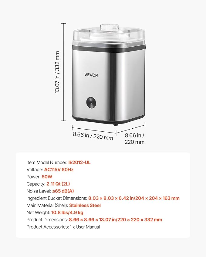 VEVOR Ice Cream Maker, 2.11 Qt. Large Capacity, Electric Automatic Ice-Cream Machine, with Easy Operation & Cleaning, Stainless Steel Shell, for Homemade Frozen Yogurt, Fruit Sorbet, Gelato, Silver