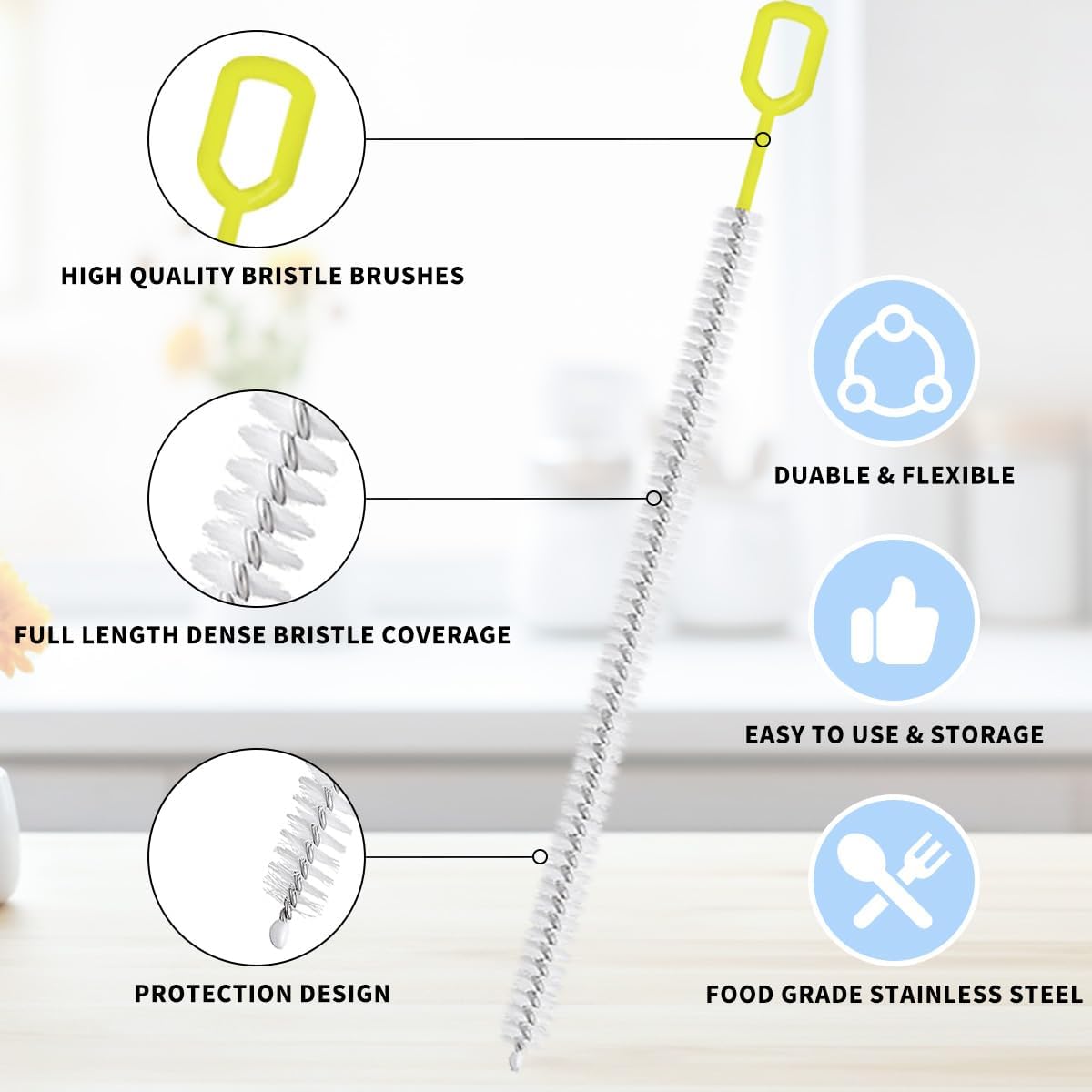 Straw Cleaner Brush Set – 10 Inch, 5 Sizes (4–12mm) Nylon Bristles – Heavy-Duty, Non-Scratch, Easy-Grip Handle – for Reusable Straws, Baby Bottles, Sippy Cups & Pipes