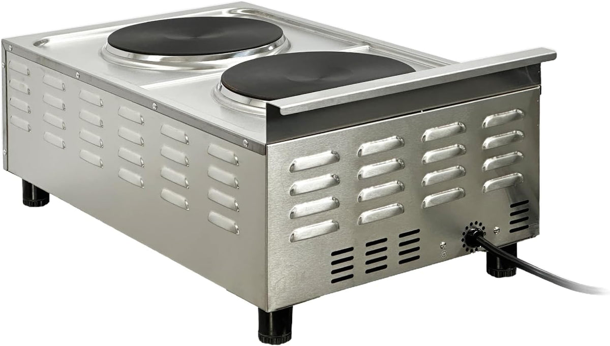 Commercial Double Hot Plate, 3600W Electric Burner, 9-inch Cast Iron Plates, 6 Heat Settings, Stainless Steel Construction FG-02A ETL