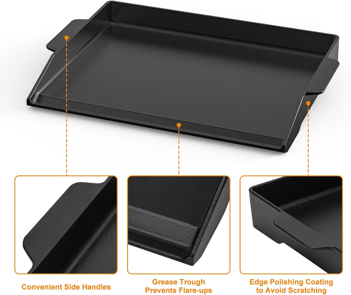 Onlyfire Universal Cast Iron Cooking Griddle, Pre-Seasoned Nonstick Coating Griddle Flat Top Grill Plate with Extra High Sidewalls for All Gas Grills and 4 Burner Range Oven, 23" x 16"