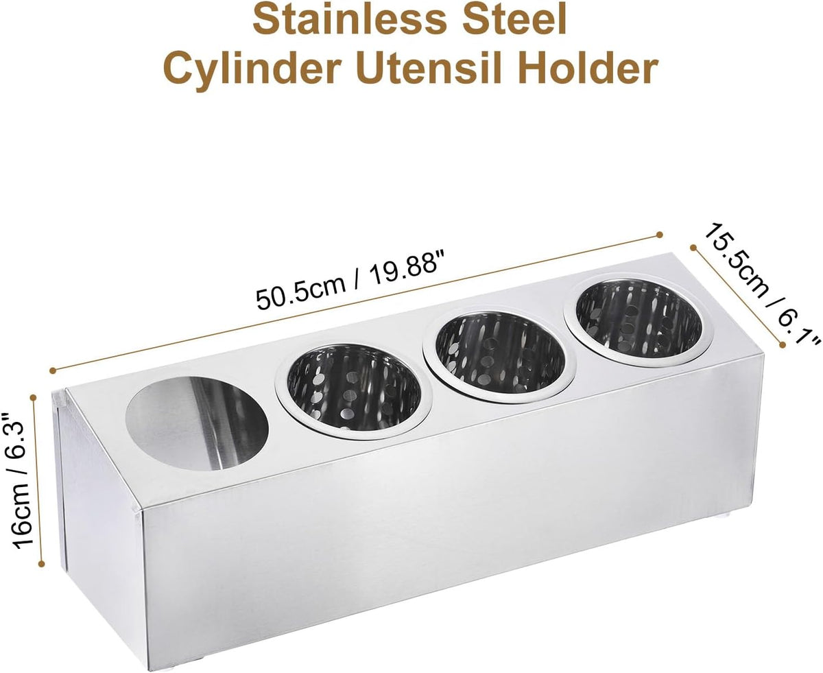 uxcell Commercial Utensil Holder, Stainless Steel Cylinder Flatware Silverware Utensil Holder Caddy Drying Rack Countertop Silverware Organizer (4 Holes)