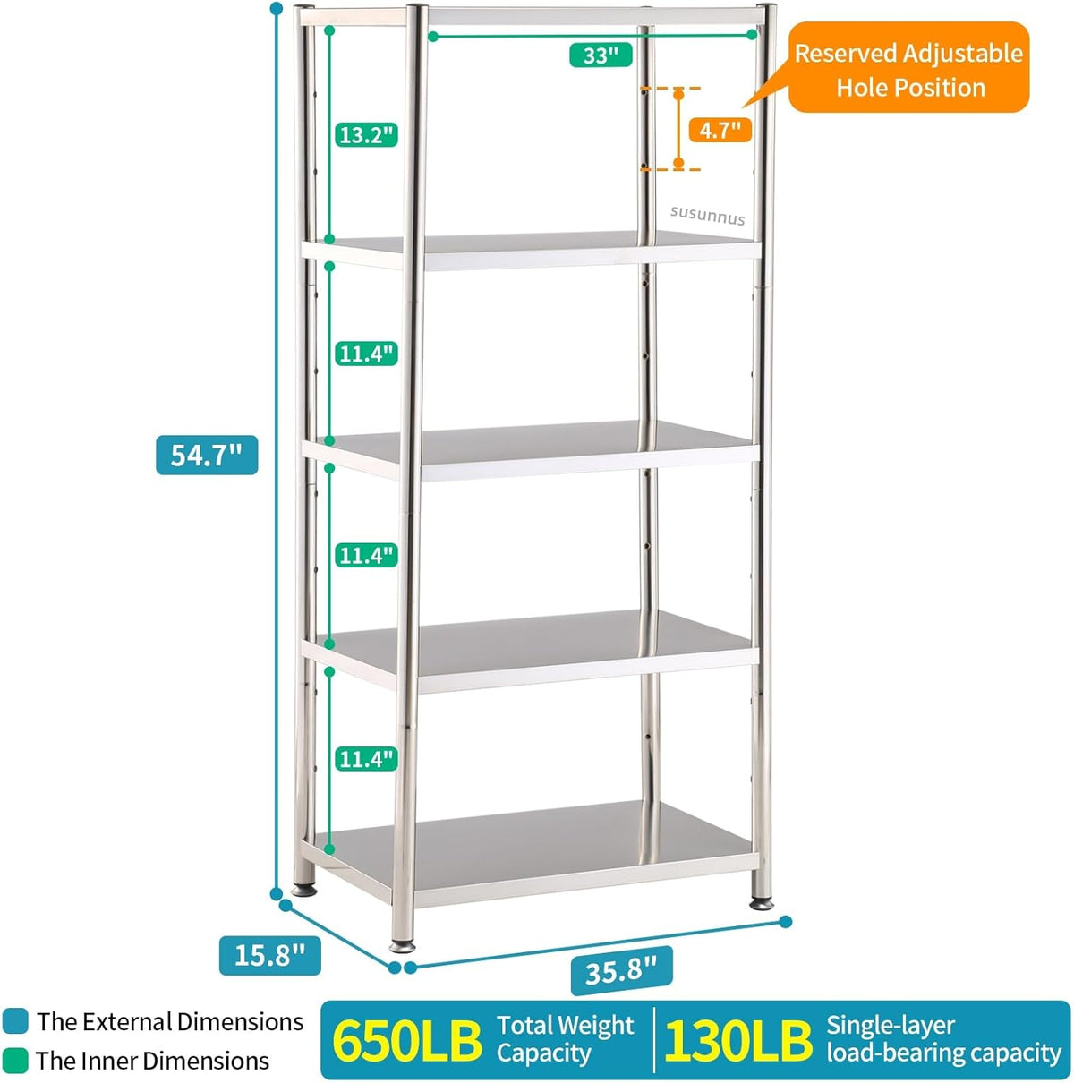 susunnus 5-Tier Stainless Steel Shelf, Heavy Duty Shelving for Kitchen, Garage, Industrial Storage, Kitchen Shelves Adjustable Feet, Easy to Clean (5T-35.8in*15.8in(Without guardrails))