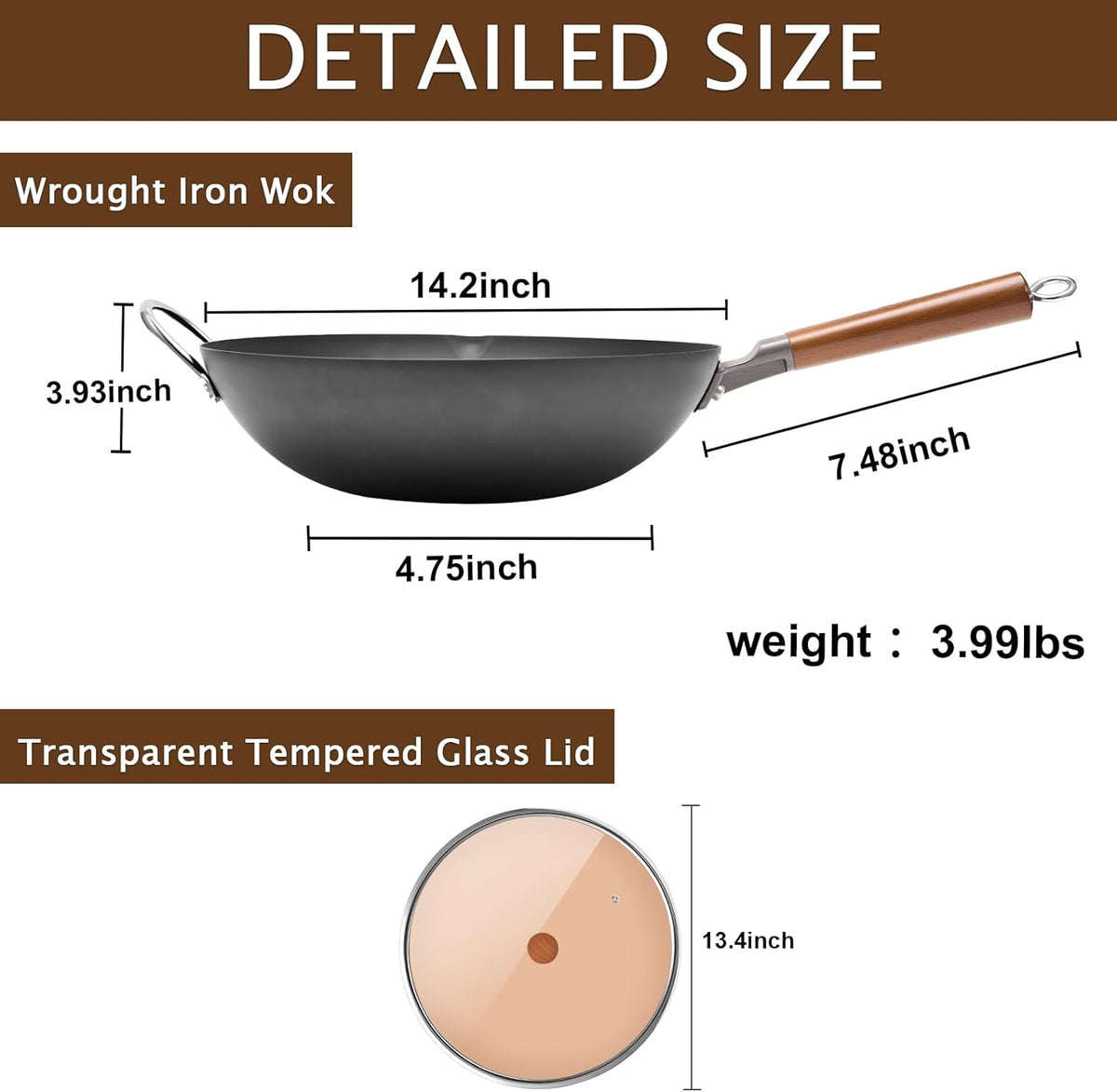 WANGYUANJI Iron Wok,14.2 inch Woks for Stir-fry, Chinese Stir Fry Pan Uncoated, Traditional Flat Bottom Iron Pot for Induction, Electric, Gas, Suitable for All Stoves(Pure Iron Wok)
