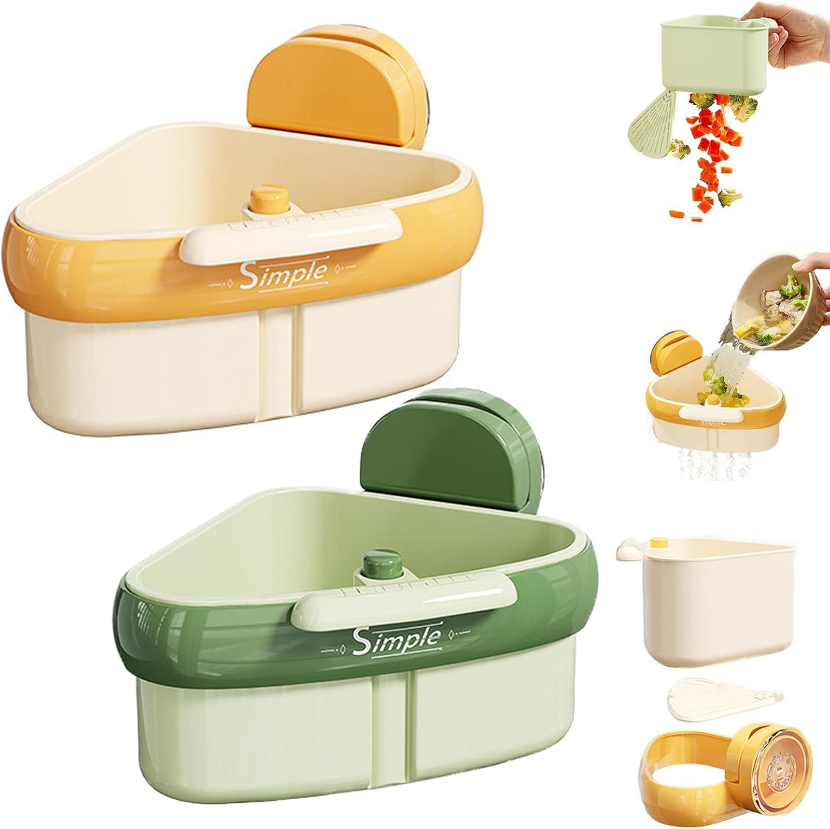 Suction Cup Sink Corner Rack, Triangular Suction Cup Corner Sink Caddy, Kitchen Sink Drain Strainer Basket for Kitchen Bathroom Dishware (Orange+Green)